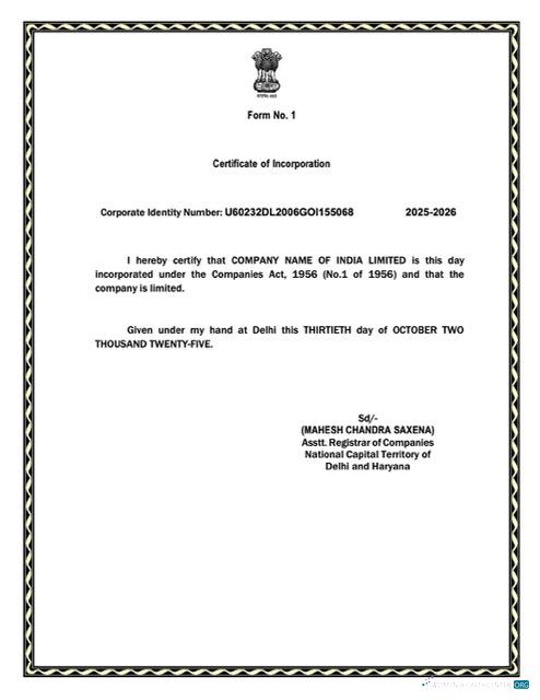 India certificate of incorporation Word and PDF template, version 5